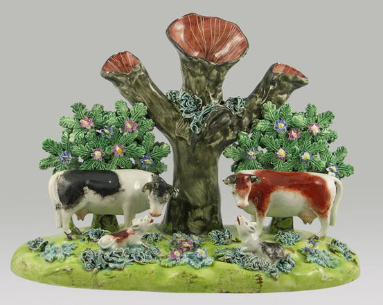 antique Staffordshire figure, Staffordshire pottery, pearlware figure, Staffordshire pottery figure, bocage figure, creamware, early Staffordshire figure, Myrna Schkolne,  pearlware cows, Staffordshire pottery cows