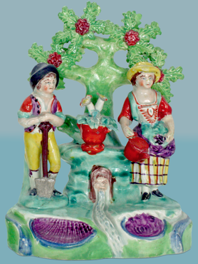 antiques Staffordshire figure, antique Staffordshire pottery, pearlware, bocage, Myrna Schkolne, Box Title Group