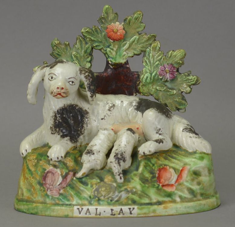 antique Staffordshire figure, antique Staffordshire pottery, Sherratt, Obadiah Sherratt, dog, Myrna Schkolne